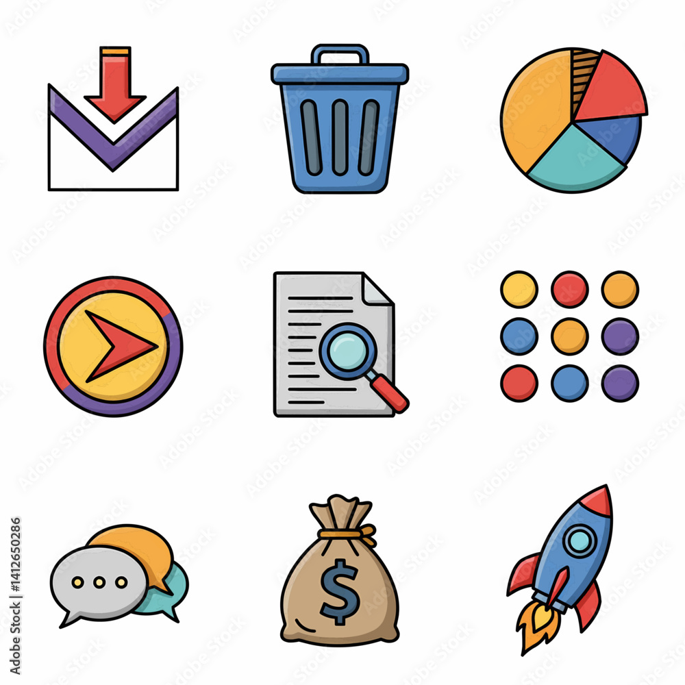 Aufkleber a brightly colored digital illustration with thick black outlines depicts nine distinct icons arrang