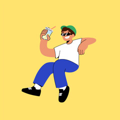 Young man sitting  and relaxing drinking cocktail. Summer vacation concept. Outsourcing, freelance.Man enjoying cold sweet drink. 