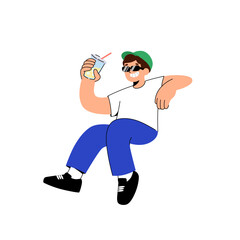Young man sitting  and relaxing drinking cocktail. Summer vacation concept. Outsourcing, freelance.Man enjoying cold sweet drink. 
