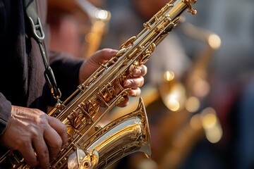 Obraz premium City street saxophonists perform jazz with golden saxophones close up musician concert 