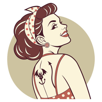 Pin up model revealing bat tattoo, wearing dotted bandana, elegant earrings, vintage style dress. Looking upward with confident smile, old school tattoo style, bold design, retro charm.