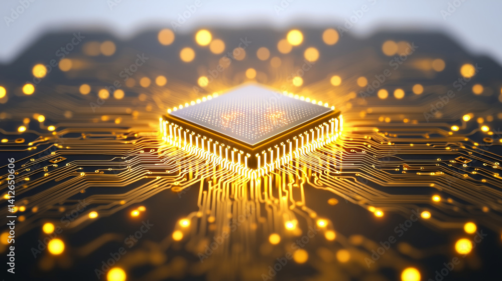 Poster glowing microchip on circuit board with golden lines, symbolizing advanced technology and innovation