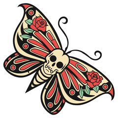 Neo traditional old school tattoo of moth with skull shaped body and detailed wings, creating striking visual representation of life and death.