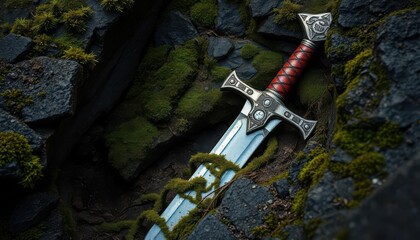 Ancient sword, hilt buried deep within moss-covered stone, still life, nature