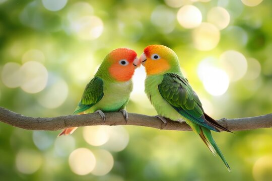 A couple of parrots kissing on a tree branch, symbolizing unity and friendship