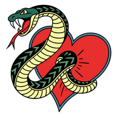 Fototapeta premium Snake with forked tongue coiling around vibrant red heart. Classic old school tattoo style, bold design, traditional tattoo artistry, emotional symbolism.