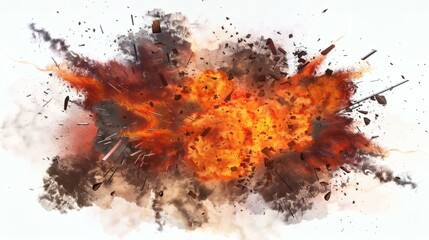 Dynamic Explosion of Fiery Energy and Shattered Debris Against a Clean White Backdrop