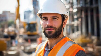 A focused male construction worker in a safety vest and helmet stands confidently at a busy urban construction site, showcasing his dedication to the craft.