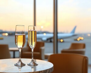 luxury airport lounge experience showing elegant seating, ambient lighting, champagne on marble table and blurred airplanes outside large panoramic windows