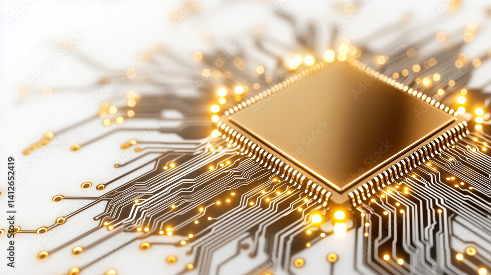 Poster glowing golden microchip with intricate circuitry on white background, symbolizing advanced technolo