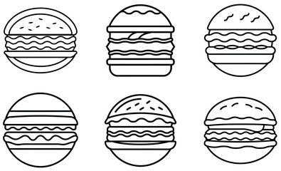 Simple Line Art Icons of Various Burgers