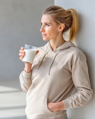A woman in a hoodie enjoys a glass of milk, gazing thoughtfully out the window in a bright, minimalist setting.