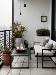 A modern balcony design with plants and candles present