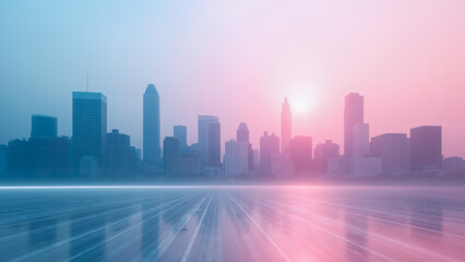 Fototapeta premium Ethereal Cityscape Silhouette at Sunrise with Soft Colors and Reflection on Water Surface in Urban Environment