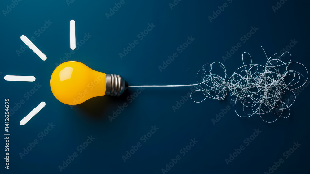Poster yellow light bulb illuminating creativity with abstract strings on blue background