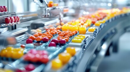 dynamic production line displaying colorful vibrant food components modern industrial setting, assembly, machinery, culinary, ingredients, processing.
