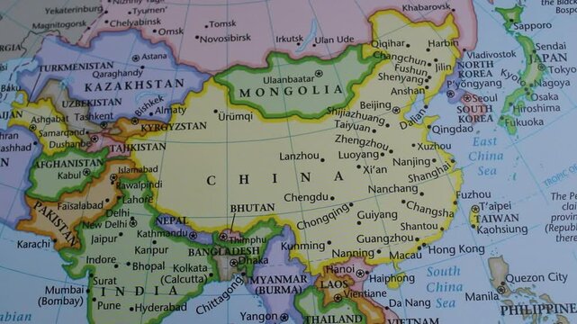 close up of the country of China viewed on a wold map as a travel concept. China on a map. Political map of China 
