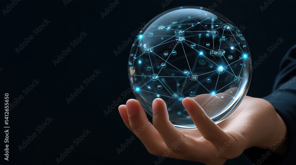 Poster A businessman's hand holding a transparent crystal ball with glowing digital network connections inside, futuristic technology concept of global connectivity and data exchange on dark abstract backgro