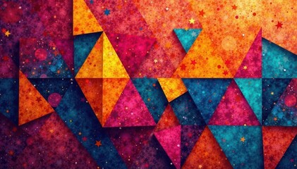 Geometric shapes repeat in vibrant colors on a textured background , abstract, texture