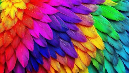 Obraz premium Vibrant, layered feathers in rainbow hues form a textured background, abstract, multicolored