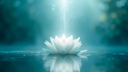 Radiant White Lotus Flower Blossoming on Calm Water Surface with Ethereal Light Rays and Bokeh Effect in Tranquil Natural Setting