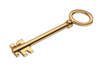 Gold Key Round Head with a smooth finish and shiny appearance Isolated on transparent background.