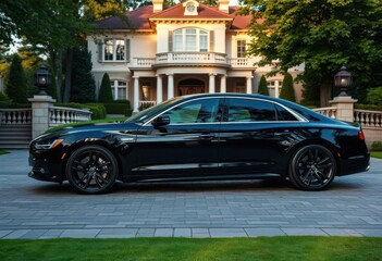 Sleek black sedan parked in driveway of grand estate, architecture, prestige