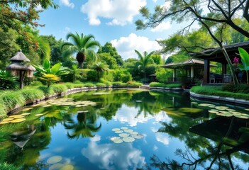 Serene spa garden with tranquil reflective pond, lush greenery, wellness, oasis