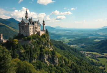 Fototapeta premium Majestic castle perched atop a verdant hill, overlooking a sprawling valley, water, stone