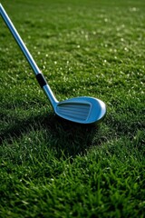 a close up of a golf club on a green grass field