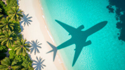Shadow of Airplane Over Tropical Beach with Clear Blue Ocean and Palm Trees in Stunning Aerial View