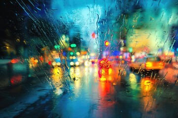 Abstract Rainy Night Cityscape Through a Water-Covered Window