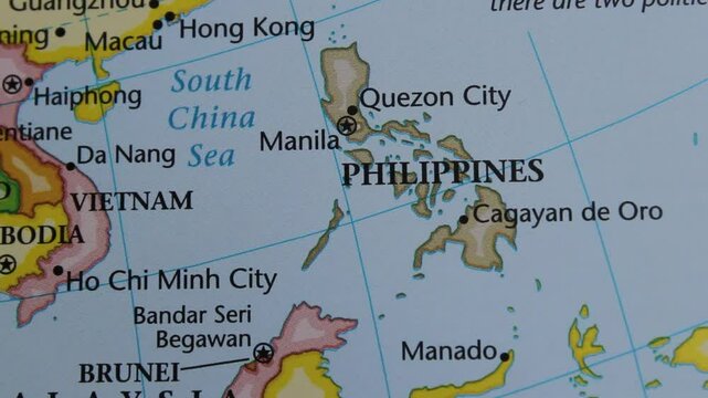 close up of the country of Philippines viewed on a wold map as a travel concept. Philippines on a map. Political map of Philippines 
