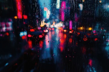 Abstract Rainy Night Cityscape Through a Water-Covered Window
