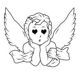 Fototapeta premium Angel child with angel wings looking in love, hearts instead of eyes. Cupid in love black and white illustration drawn with lines