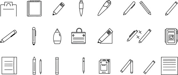 Office stationery set with metal clip, paper, pen, pencil, and paperclip icons for business and school design