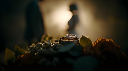 Closeup Wedding Rings On Bouquet