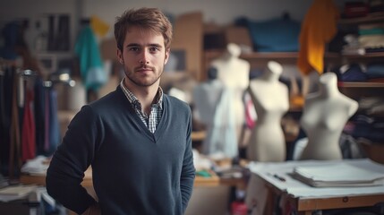 A young male fashion designer stands confidently in his studio, surrounded by fabrics and mannequins. His casual attire and thoughtful expression reflect creativity and passion for fashion.
