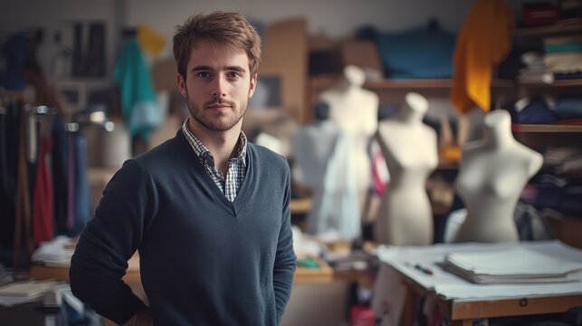 A young male fashion designer stands confidently in his studio, surrounded by fabrics and mannequins. His casual attire and thoughtful expression reflect creativity and passion for fashion.