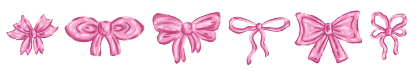 Set of pink watercolor bow with ribbon drawn in girly coquette style