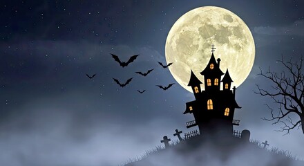 Fototapeta premium Atmospheric Halloween Illustration With Full Moon Silhouetted Creepy House And A Swarm Of Night Bats