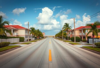 Empty street leading to bridge over canal in Pompano Beach, Florida, ample copy space, view, copy space