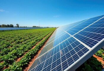 Solar panels above rows of healthy crops, showcasing agrivoltaics, crops, integrated farming