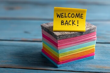 Multicolored welcome back notes on blue wood handwritten quote for return celebration  
