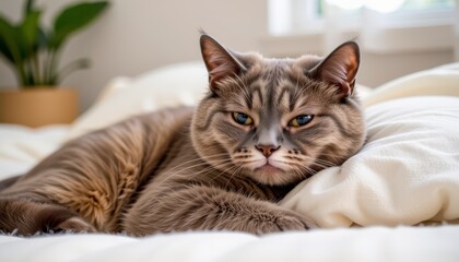 Fototapeta premium Cozy cat resting on a soft pillow in a bright and inviting indoor environment