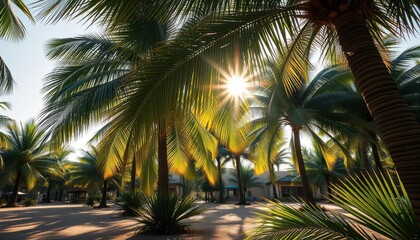 Fototapeta premium Sunlight dappling through palm branches, strewn palms on ground, holiday, branches