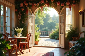 Fototapeta premium Sunlit Garden Terrace with Flower Arch, Lace Details, and a Charming Wooden Table