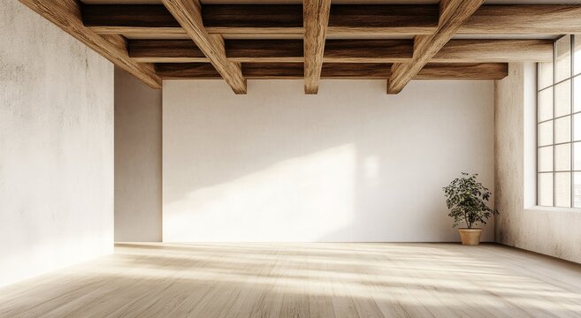 Un espace vide avec une lumi&egrave;re qui p&eacute;n&egrave;tre, des murs blancs, un plafond en bois avec poutre, un plancher en bois et une plante verte