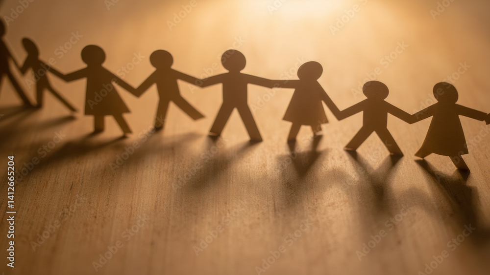 Poster paper figures holding hands creating a warm connection symbolizing diversity, unity, and companionsh