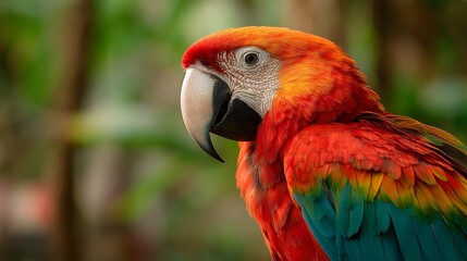 Obraz premium Scarlet Macaw: A vibrant close-up portrait of a scarlet macaw, showcasing its stunning plumage, sharp beak, and keen eye, set against a blurred natural backdrop.